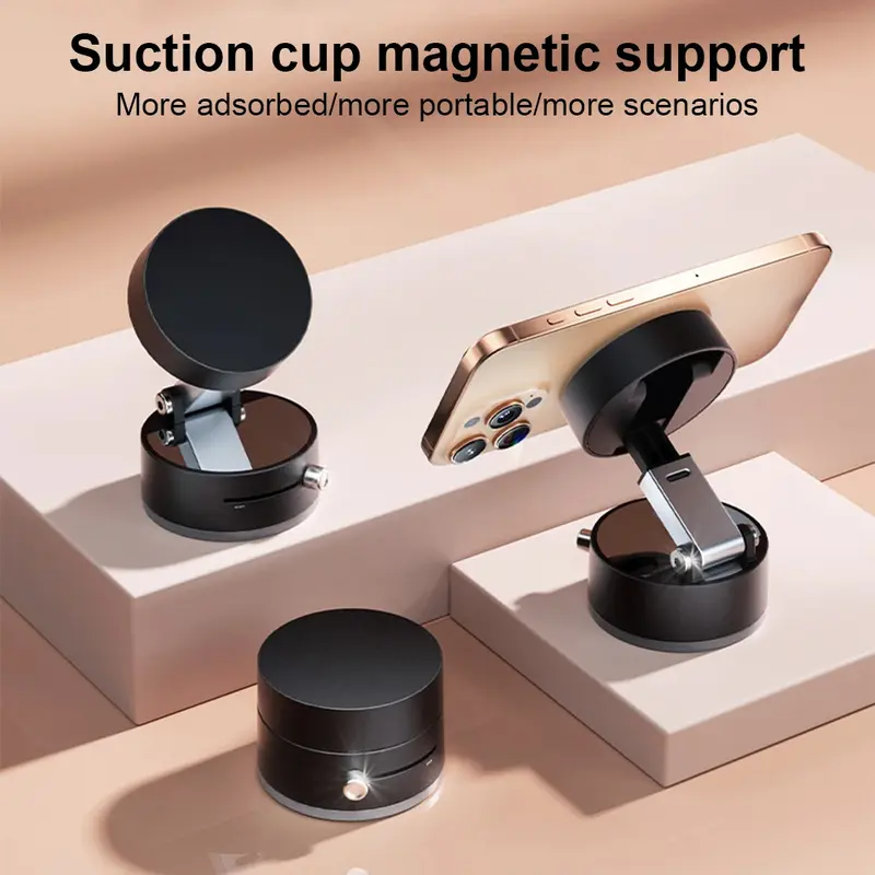 Hugexpen Automotive Phone Tablet Holder, Vacuum Suction Cup Magnetic Support with Double-Side Magnet Metal PVC Hold, Foldable Retractable Stand Suitable for All Smartphone Models