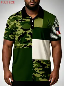 Large Size Men's American Camouflage Flag Patch Polo Shirt, Outdoor Tactical Style, Loose-Fitting Short Sleeve Top, Casual Clothing