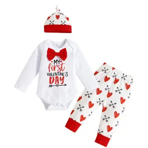 Newborn Baby Girl Boy My 1st Valentine's Day Outfit Long Sleeve Letter Romper Heart Pants Hat 3Pcs Clothes Set