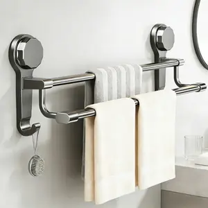 No-nail Wall-mounted Towel Rack for Bathroom, 1pc Double Towel Bar, No Drilling Required, Heavy-duty Carbon Steel Double Shower Towel Rack, Modern Style, Space-saving Bathroom Accessory Storage and Organization Tool.