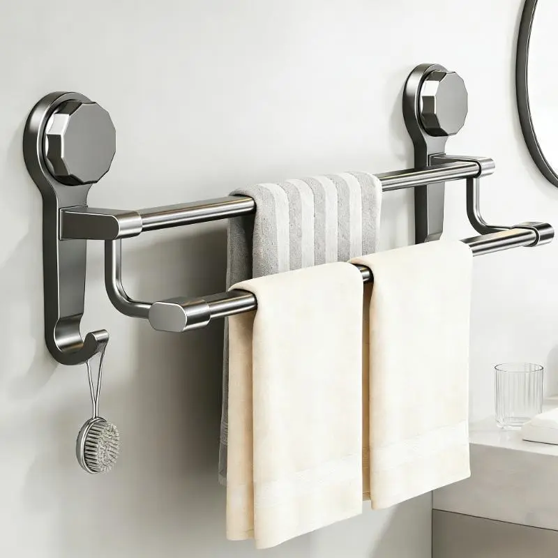 No-nail Wall-mounted Towel Rack for Bathroom, 1pc Double Towel Bar, No Drilling Required, Heavy-duty Carbon Steel Double Shower Towel Rack, Modern Style, Space-saving Bathroom Accessory Storage and Organization Tool.