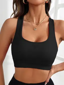 Women's Solid Sports Vest, Sporty High-Stretch Detachable Pad Crop Tank Top, Women's Sport & Outdoor Clothing for Summer, Sports Top for Yoga Gym Fitness