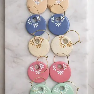 Polymer Clay Handmade Light Weight Earrings Circular Design With 3 Small Flowers in Multiple Colors.