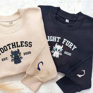 Toothless and Furry Est. 2020 Embroidered Sweatshirt, Toothless and Furry Dragon Couple Embroidered Hoodie Sweatshirt, Matching Valentines Couple Sweatshirts