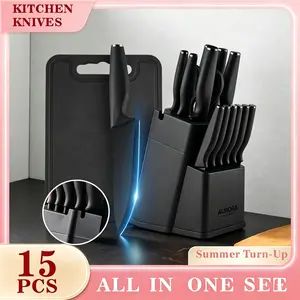 Spring 2026 Hot Seller | Premium 15-Piece Stainless Steel Kitchen Knife Set with Built-in Sharpener | Includes Chef's Knife, Japanese Knife, Meat Cleaver, Bread Knife, Steak Knives & Scissors | Washable Plastic Handles | Perfect Gift Set