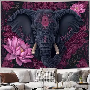 Vintage-Inspired Pink for Lotus & Elephant Tapestry - Polyester Wall Hanging for Living Room, Bedroom, Office Decor | Includes Easy Install Kit