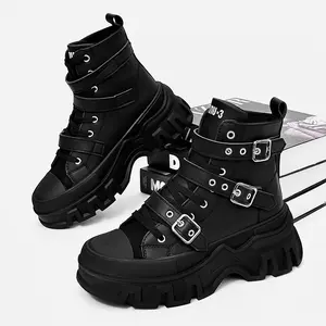 Brand GGOR New Punk-Style Thick-Soled Boots for Men That Elevate Height, Designed for Motorcycles And Casual Wear, Featuring Metal Buckle Accents, Perfect for Everyday Street Outings, Outdoor Activities, And Relaxed Motorcycle Journeys
