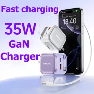 2-in-1 Gan Compatible with 35w Fast, Type-C and Ligtning Charger with 27.5in Retractable Cable, Portable Adapter for iphone, ipad, Macbook, Multi-Device Fast Charging Lightning