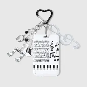 1 piece Music Festival series fashion trendy unique black-and-white sheet music print ribbon bow note guitar card holder case DIY keychain bag charm Suitable for office workers and students for everyday wear Holiday gift