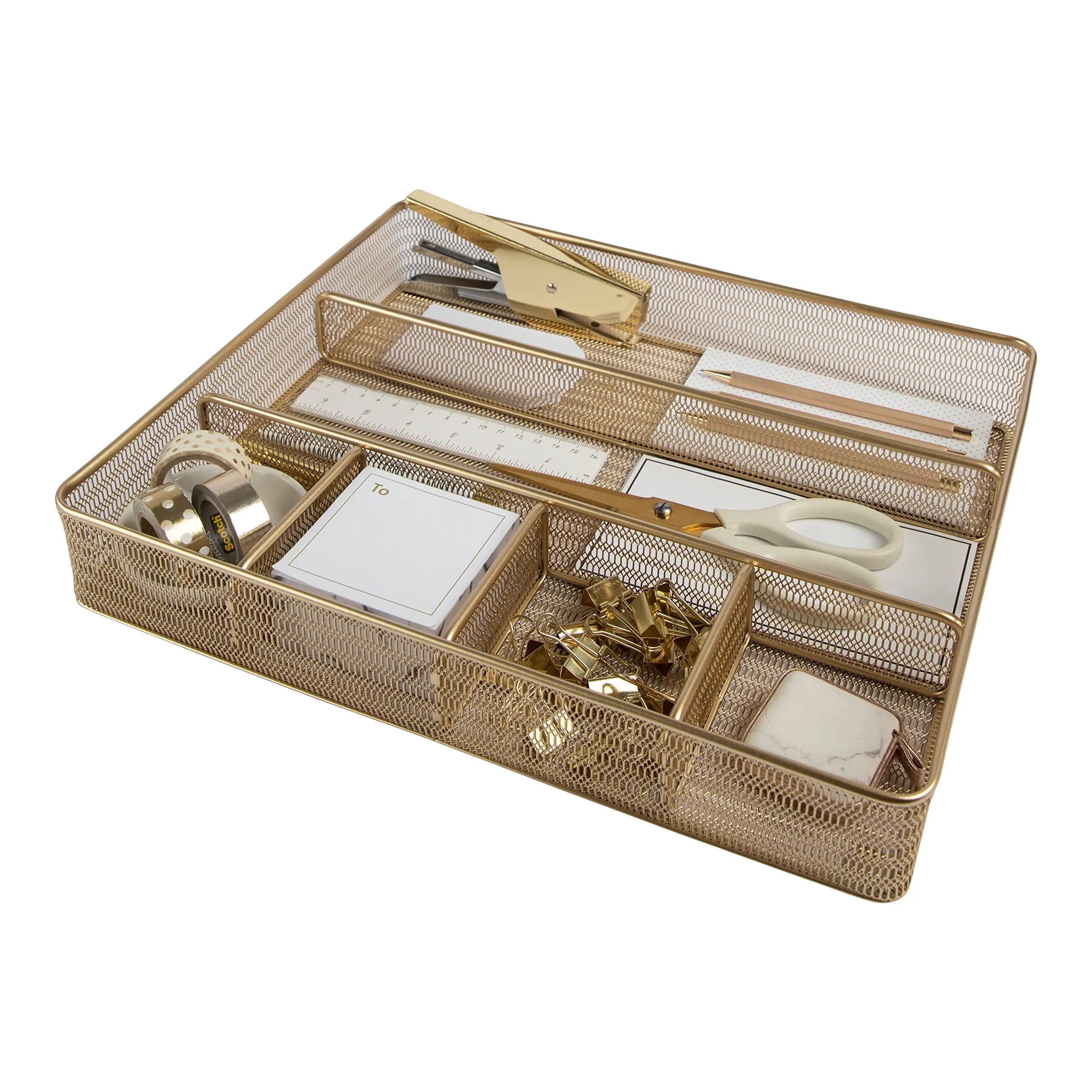 BLU MONACO Gold Metal Mesh Desk Drawer Organizer Tray - 6 Compartments Desk Tidy, Stationery Storage for Office Supplies, Work Tidy - 14.4"x12"x2", Stationery Storage Organizer
