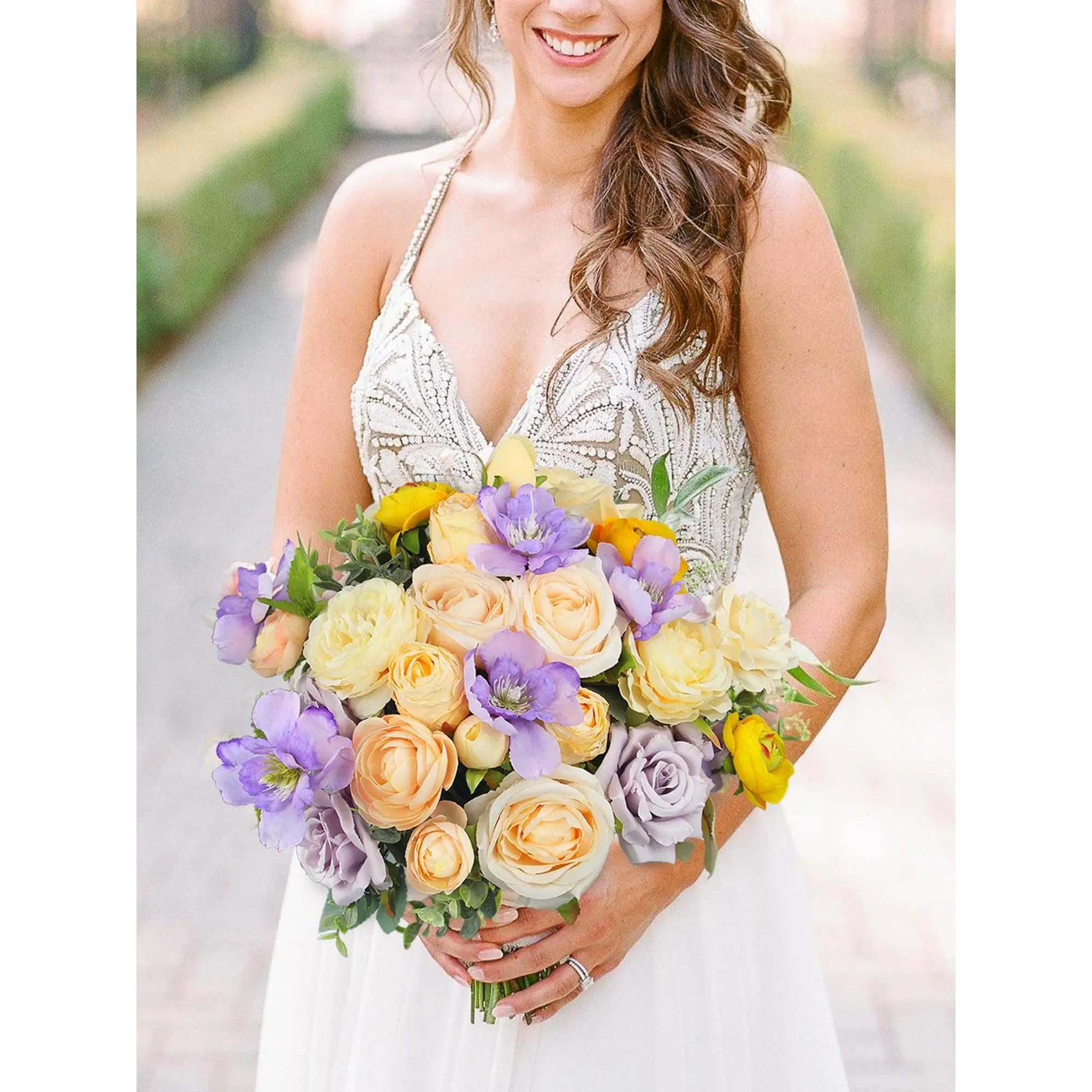 Rinlong Silk Flower Bridal Bouquet - 13.3 inch w, Peach-Lavender, Silk Peonies & Champagne Roses, Decorative Wedding Supply for Home Festive Occasions