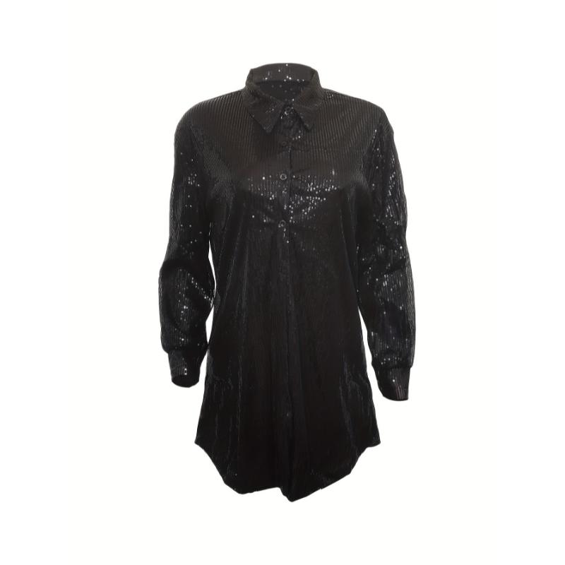 Elegant Women'S Fashion, Sparkling Loose Button-Up Shirt - Black, Lapel Collar, Perfect for Spring/Fall, Adult Casual Attire, Stylish Adult Clothing | Sparkling Embellishments | Detailed Button Closure Fabric Spandex shirts  women cute  summer  top