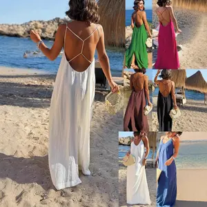 Women's Summer Backless Maxi Dress, Sexy Spaghetti Strap Crisscross Long Dress, Boho Flowy Beach Vacation Sundress