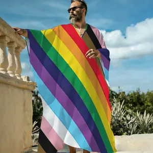 Men's V-Neck Pullover Summer Loose Colorful Diagonal Stripe Kaftan Long Robe, Rainbow Angled Line Graphic Lightweight Beach Cover Up, Breathable Short Sleeve Resort Lounge Sleep Shirt for Men