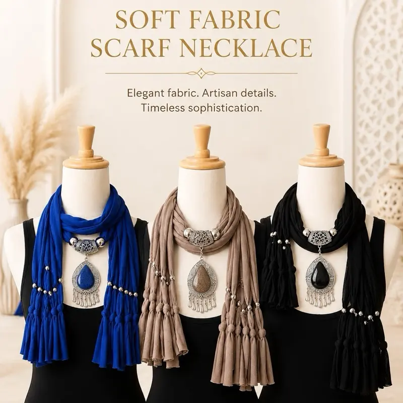 Soft Fabric Scarf Necklace with Artisan Metal Pendant for Women