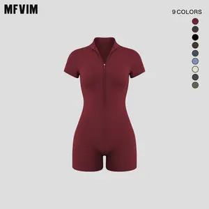 Sporty Women’s Solid Color Zip-Up Half Placket Mock Neck Sports Skinny Tummy Control Romper, Casual Sport Quick-Dry Short-Sleeve Bodycon Romper for Yoga, Gym, Workouts, Running, Summer Outfits 2025