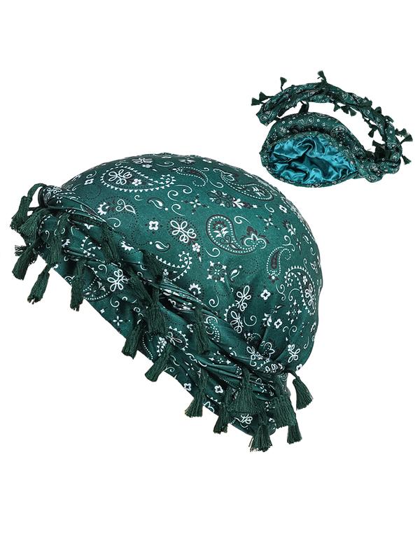 Men's Turban, Unisex Paisley Print Double-layer Turban with Unique Braided Design, Versatile Headwrap for Casual & Outdoor Activities, Black / White, Tassel Design Turban