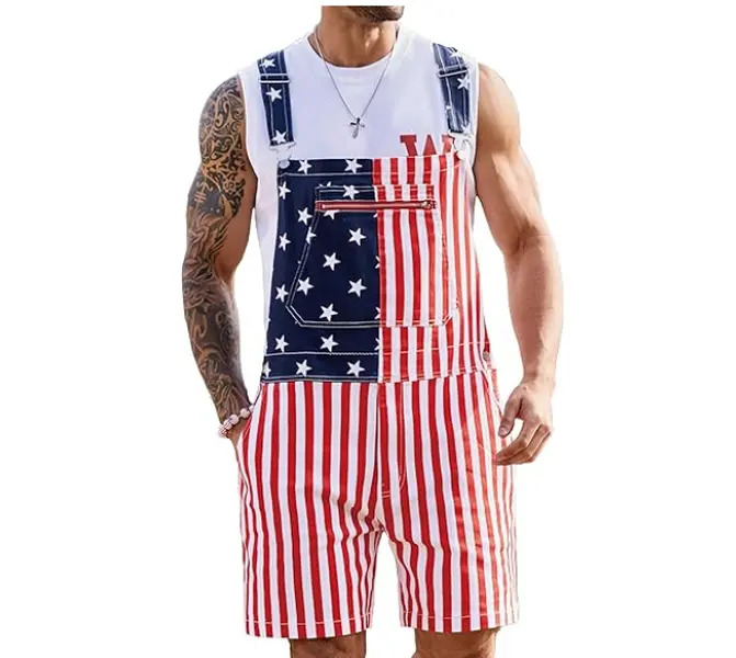 Yuanbang 250th Anniversary Shorts 4th of July American Flag Overalls for Men USA Stretchy Denim Romper Memorial Day Coveralls Independence Day Patriotic Gifts Father's Day Workwear Summer Jumpsuits Fashion Menswear Outdoor Clothes Hat & Socks Included