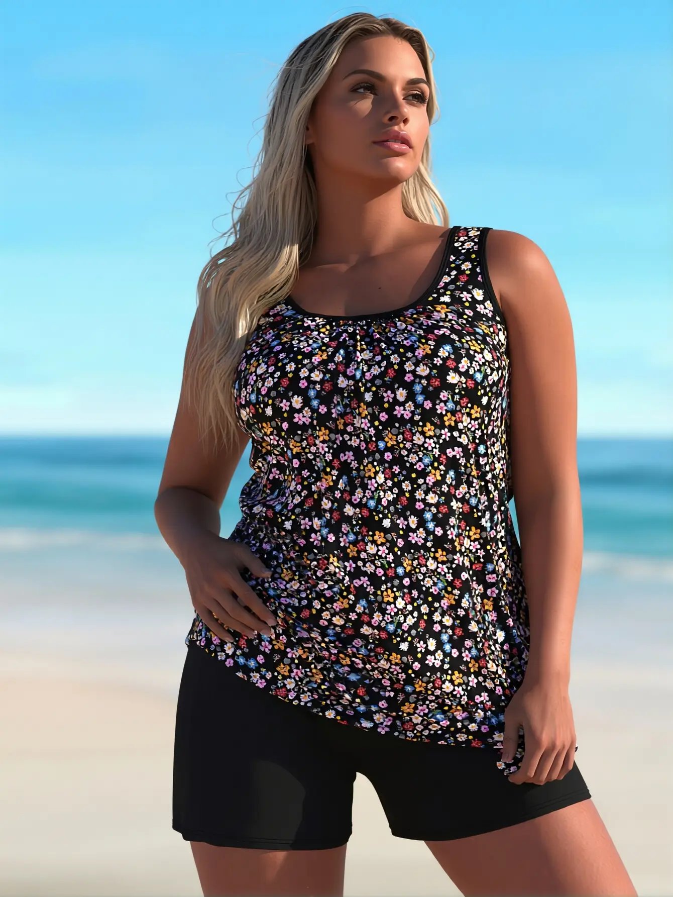 Plus Size Tankini Bathing Suit, Elegant Ditsy Floral 2-Piece Set with Tummy Control High Waisted Bottoms & Removable Pads, Tankini Bathing Suits, Plus Size Bathing Suits