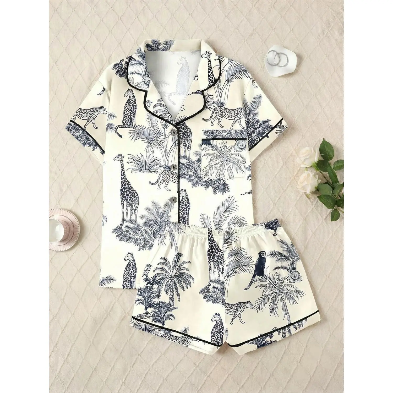 Elegant Women's Satin Homewear Set with Floral Giraffe and Leopard Print, Short-Sleeve Top and Shorts, Ideal for Spring and Summer, Cozy Pajama Set with Collar