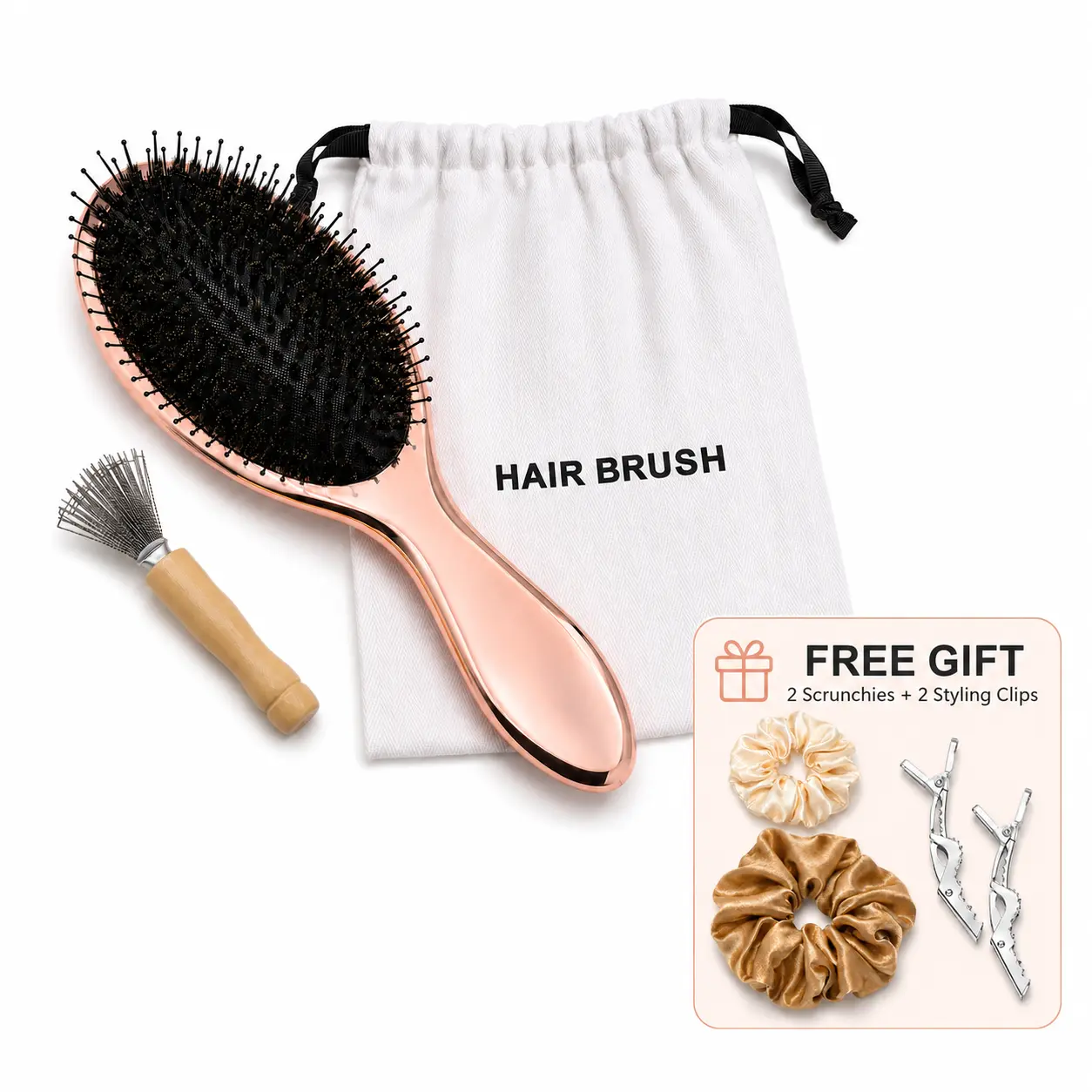 Rose Gold Boar Bristle Hair Brush Set with Cleaning Tool & Storage Bag, Detangling Smoothing Brush for Thick, Long & Frizzy Hair voluminous styling scalp massage comb