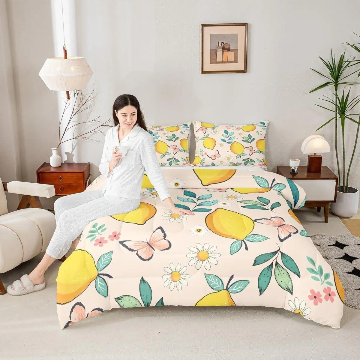 Cartoon Lemons Kids Comforter Set,Daisy Flowers Butterfly Rustic Bedding Set,Girls Boys Adults Room Decor,Leaves Plants Summer Down Comforter,Colorful Bright Duvet Insert