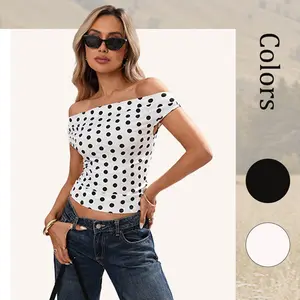 Women Off Shoulder Tops Sleeveless Polka Dot Floral Print Shirts Y2K Going Out Casual Crop Tops Streetwear