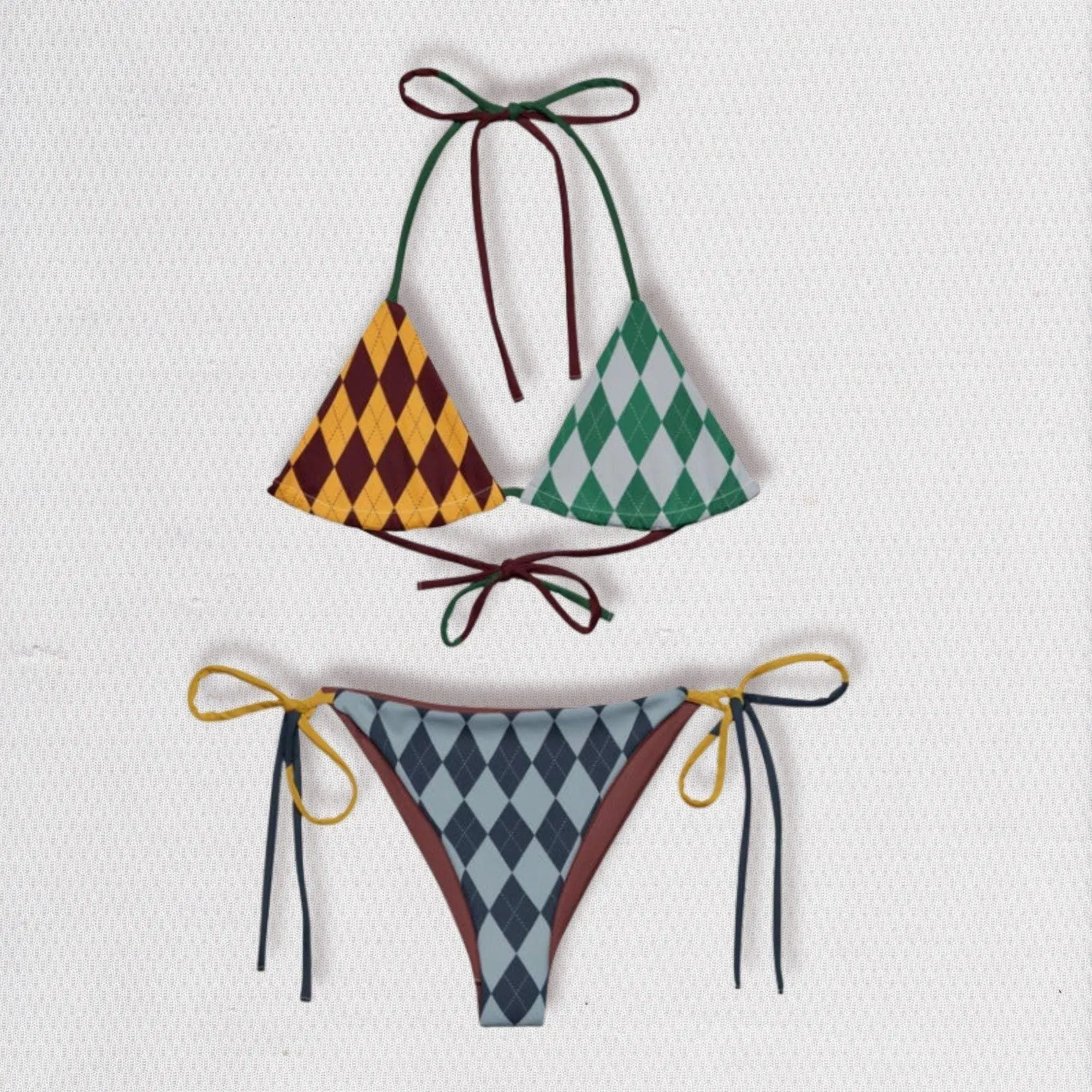 Multi House Bikini Halloween Costume, Wizardcore Triangle Swimwear, Magic-Inspired Colorblock Swimsuit