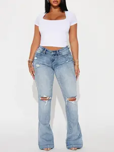 Key Figure Ripped Stretch Flare Jeans - Medium Wash