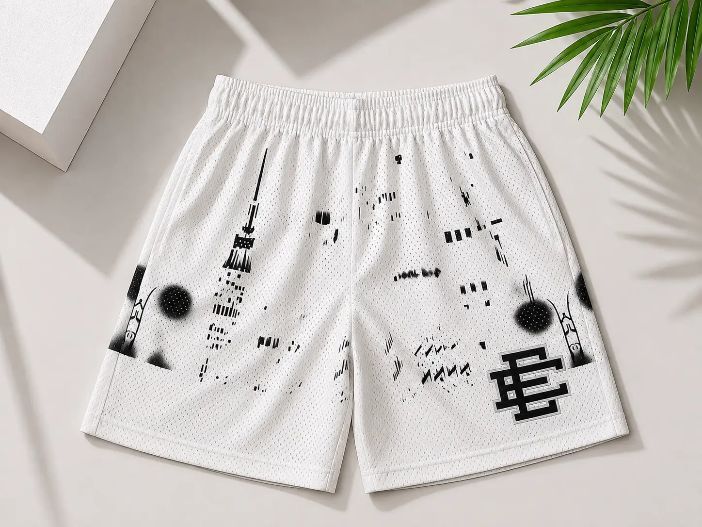Men’s White Urban Graphic Mesh Shorts – Black Abstract Print Athletic Shorts, Lightweight Summer Streetwear, Gym & Casual Lounge Bottoms