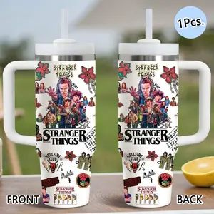 PIKPAKA Classic Tv Stranger Things Vacuum 40oz Stainless Steel Tumbler with Handle & Straw, Hydration Tumbler, Vacuum Insulated Keeps Drinks Cold Up to 12 Hours, Leak-Resistant for Iced Coffee, Water, Office, Gym or Travel
