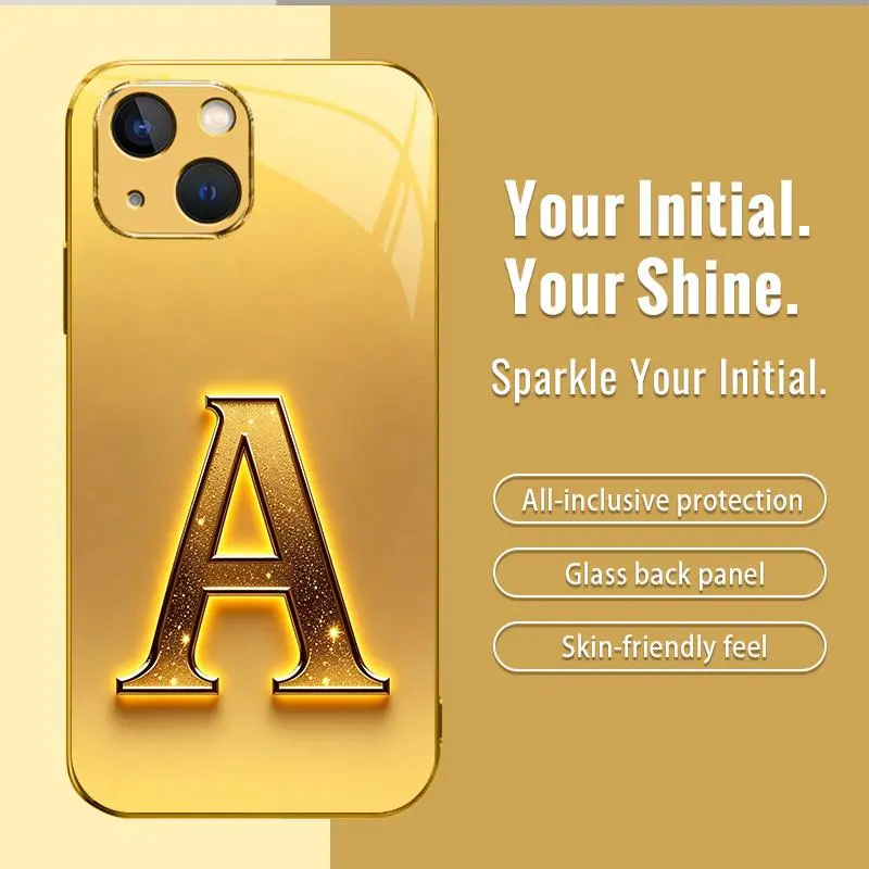 Suitable for [iPhone 13 ] Personalized A-Z Initial Phone Case, Luxury Gold Monogram Electroplated Glass Case, Glossy Protective Cover, Shockproof Anti-Scratch & Anti-Fingerprint -JS996