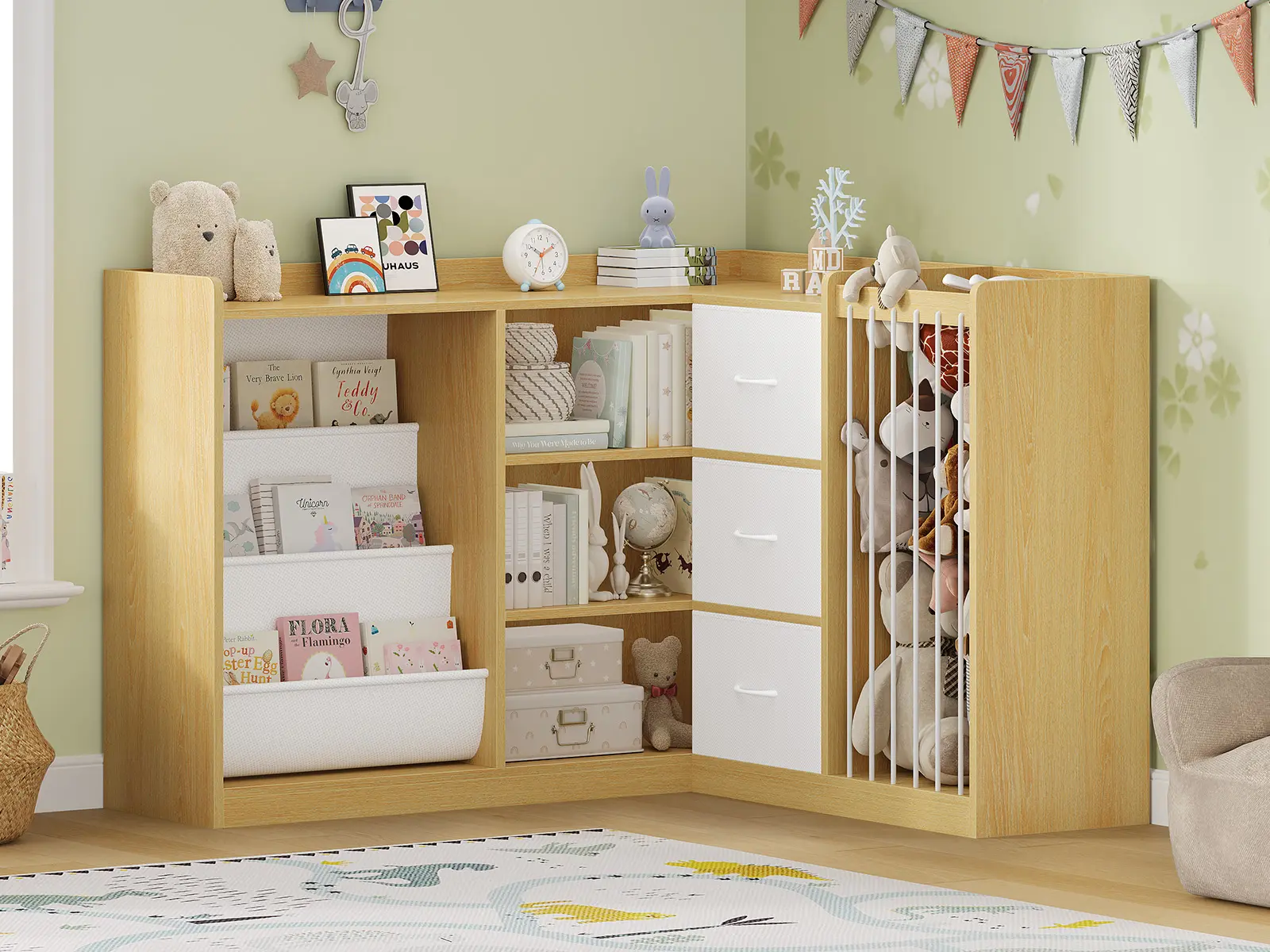 L-Shaped Bookshelf with Toy Storage Organizer, Reading Nook Bookshelf with 3 Movable Drawers, Sling Shelves & Stuffed Animal Storage, Conner Bookcase for Playroom, Bedroom, School