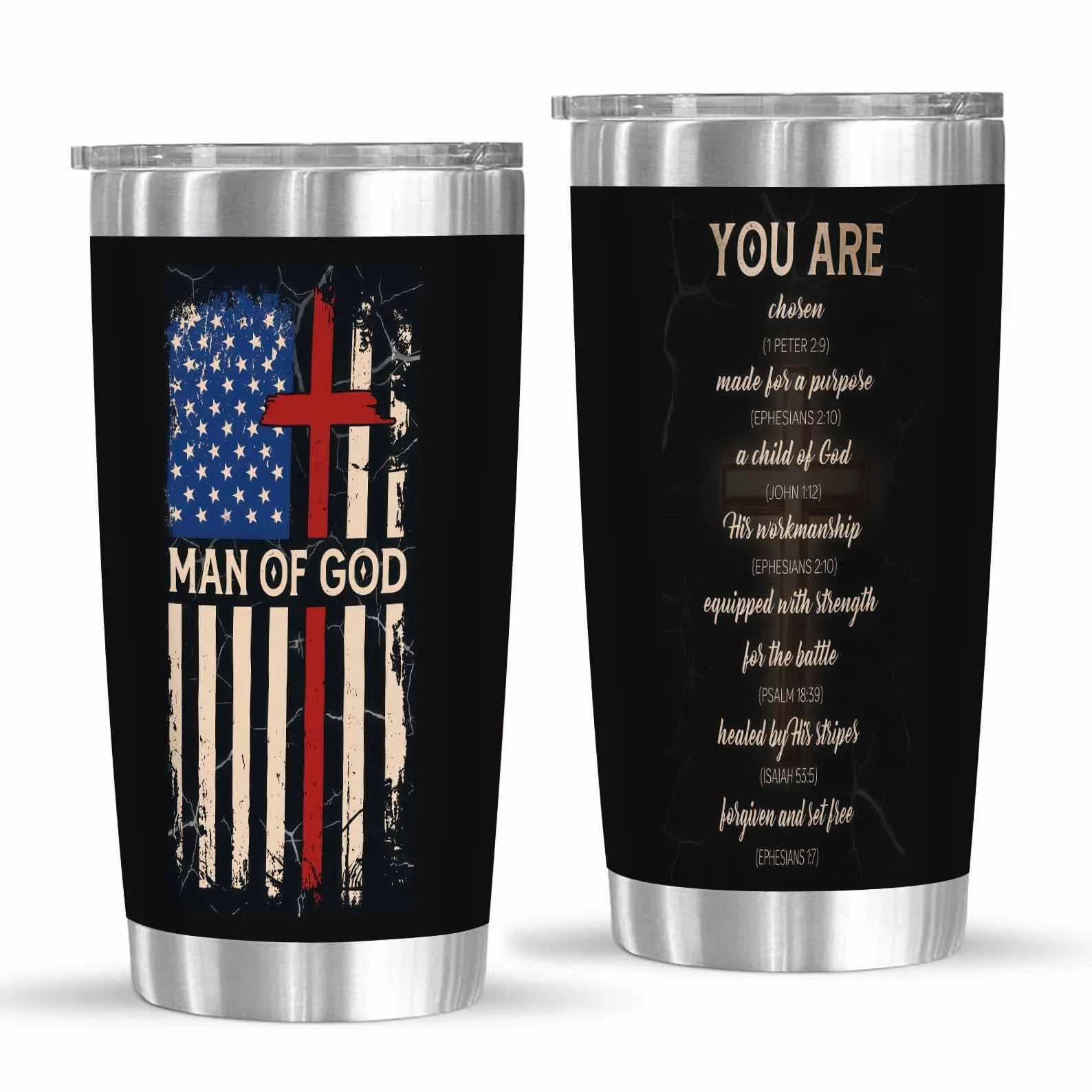 Man of God American Flag Cross 20oz Stainless Steel Tumbler (20oz) Christian Scripture Faith Printed Design Double Wall Vacuum Insulated Travel Mug Daily Office Use Outdoor Hiking Camping Church Event Religious Gift dealsforyou|summerwins|midyearsale
