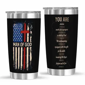 Man of God American Flag Cross 20oz Stainless Steel Tumbler (20oz) Christian Scripture Faith Printed Design Double Wall Vacuum Insulated Travel Mug Daily Office Use Outdoor Hiking Camping Church Event Religious Gift dealsforyou|summerwins|midyearsale