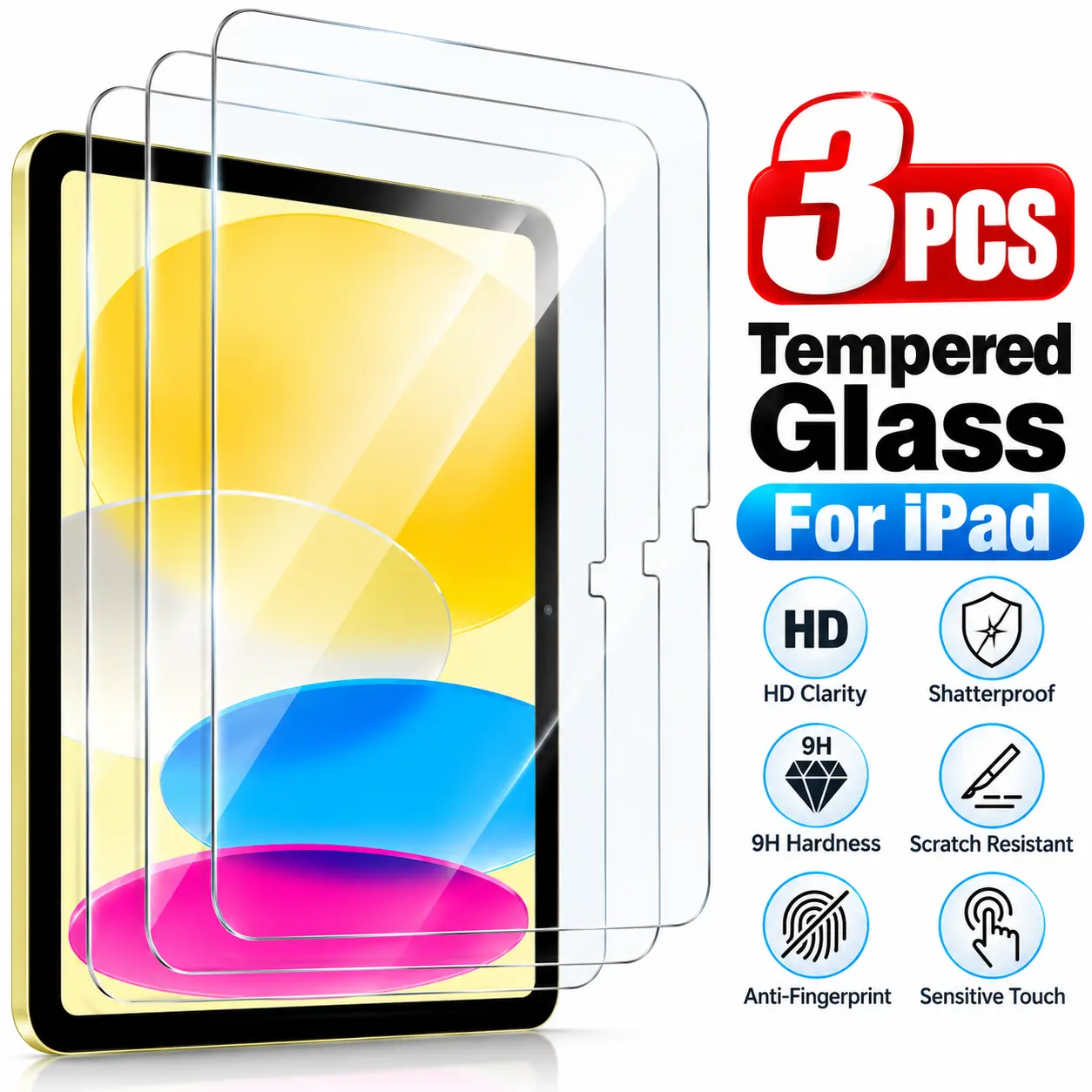 3 Pcs Tempered Glass Screen Protector For iPad 10.2 / 10.9 / 11 / 9.7 Inch, For iPad 5th 6th 7th 8th 9th 10th Gen, Air 1 / 2 / 4 / 5, Pro 11 Inch, 9H HD Clear Scratch Resistant Case Friendly