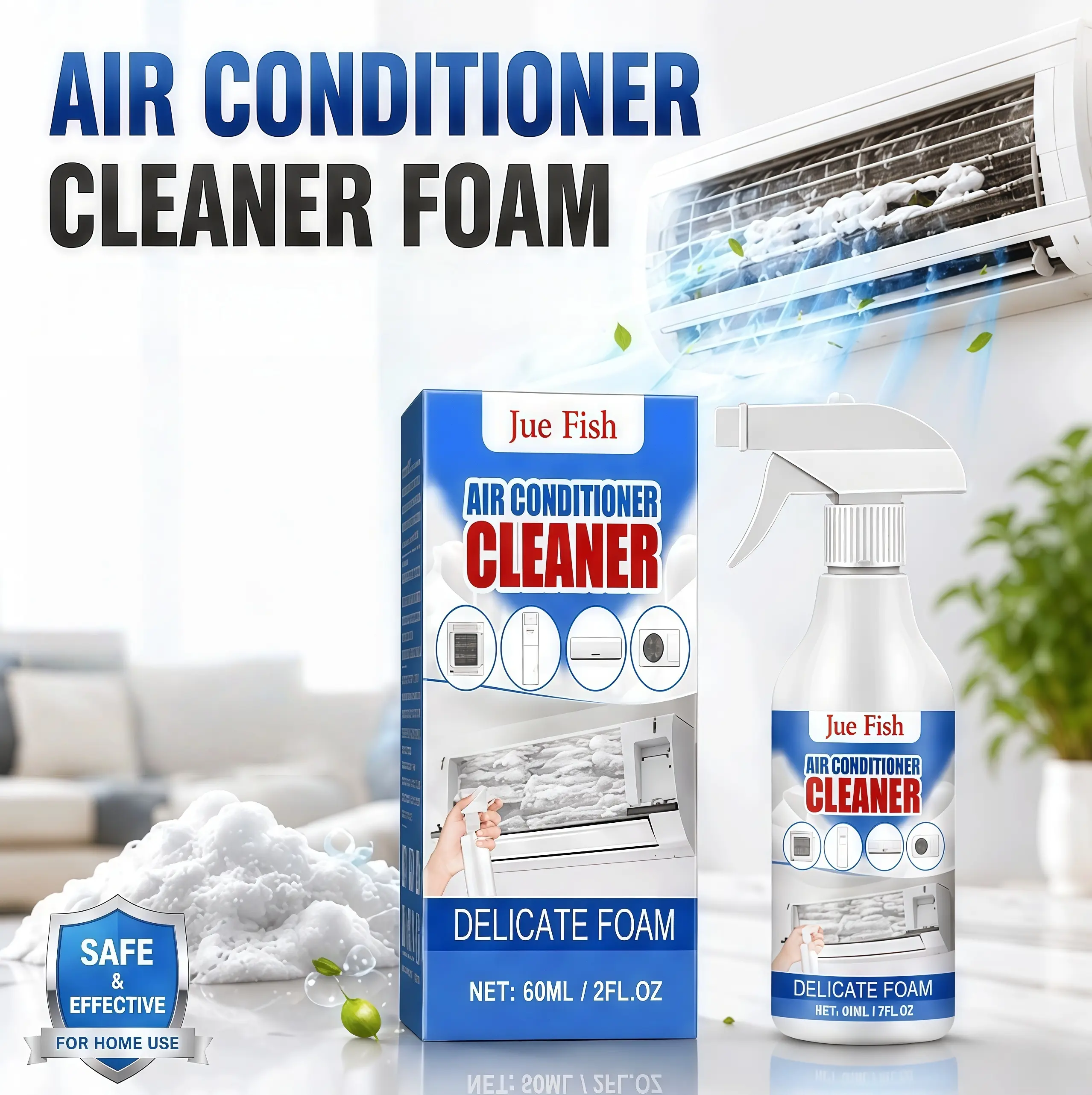 AC Cleaner Foam Spray - No-Rinse Household HVAC Maintenance Cleaner for Air Conditioner Coils, Odor Control, Finish Polish & Mirror Agent with Effortless Cleaning