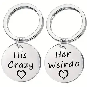 2pcs Romantic Couples Stainless Steel Keychains - "His Crazy & Hers Weird" Engraved Circular Tags with Heart Symbols, Durable Metal Gift for Women and Men Valentine's Day