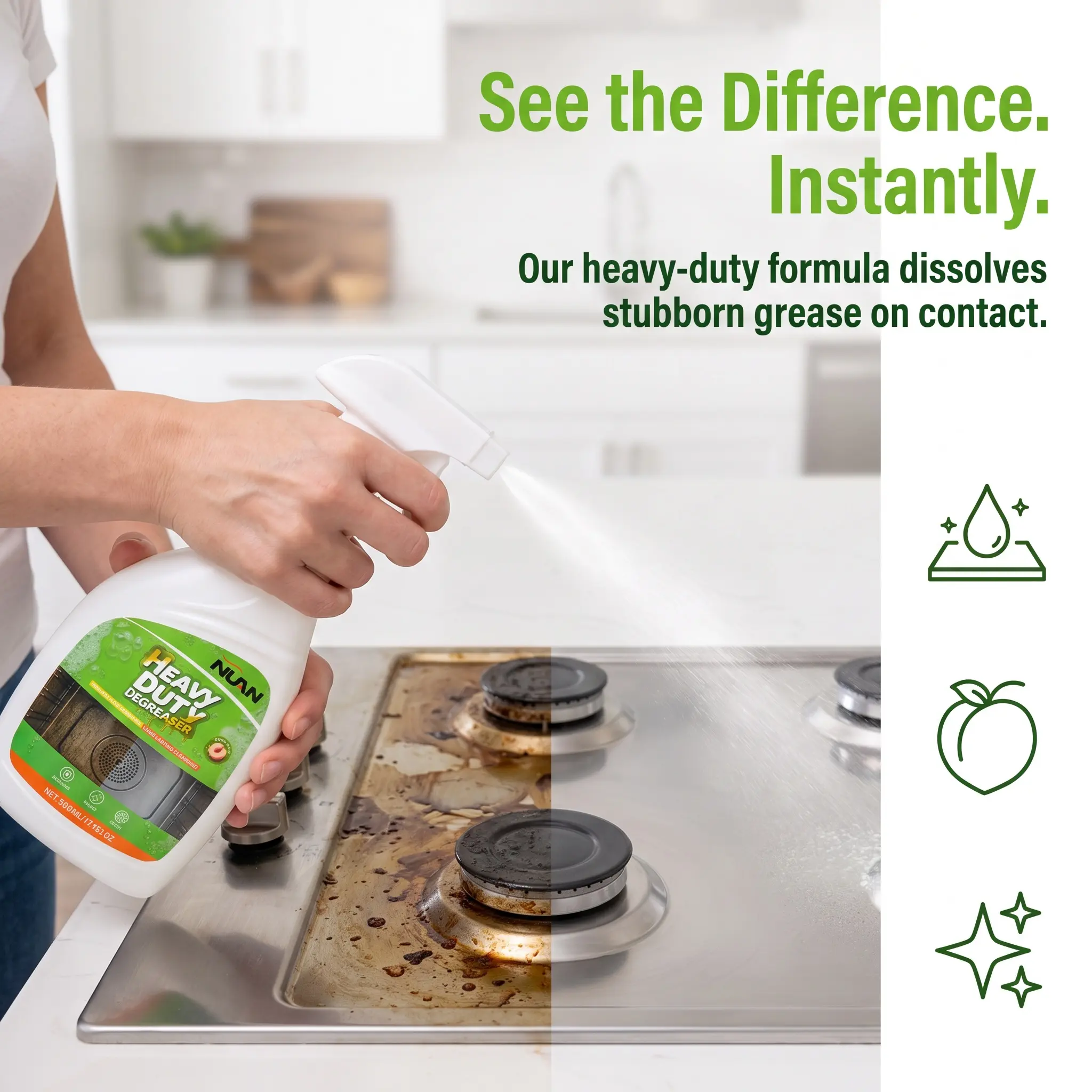 NUAN Heavy Duty Degreaser | Kitchen Grease Cleaner Spray for Stove Tops, Range Hoods & Camping. Removes Grease Stains Fast. Home & Dorm Essentials