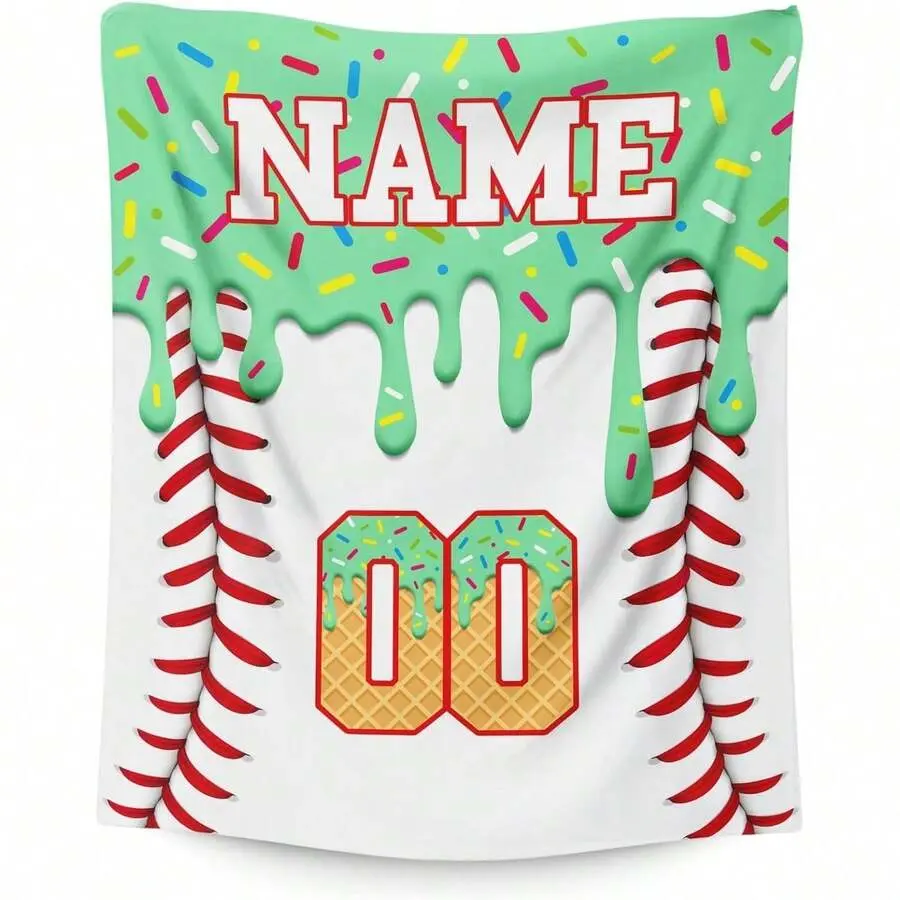 Custom Ice Cream Baseball Blanket - Personalized Kid's Name Gift for Baseball Lovers, Cozy Warm Polyester Flannel Soft Blanket for Living Room, Birthday Christmas Stocking Stuffers for Boys Girls, Cozy Warm Blanket, Polyester Flannel Blanket