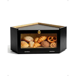 Corner Bread Box for Countertop, Large Bamboo Bread Container, Black Bread Box with Reinforced Structure, Multi-functional Bread Box with Acrylic Door Panel, Black