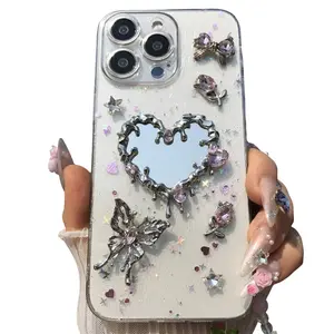 Butterfly & Heart Pattern Phone Case with Chain, Rhinestone Decor Phone Decoration Protective Cover, Phone Accessories Compatible with iPhone 16 15 14 13 12 Pro Max Protection Protector Cellphone