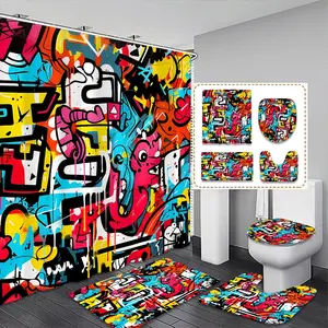 Creative Colorful Graffiti Wall Pattern Shower Curtain Set, Bathroom Decoration Accessories, Waterproof Bathroom Curtains with 12 Hooks, Bath Mat, U-Shaped Toilet Pad, Christmas Gift
