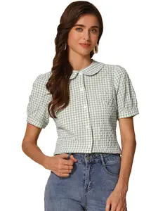 INSPIRE CHIC Plaid Blouse Puff Short Sleeve Gingham Peter Pan Collar Button Down Shirt