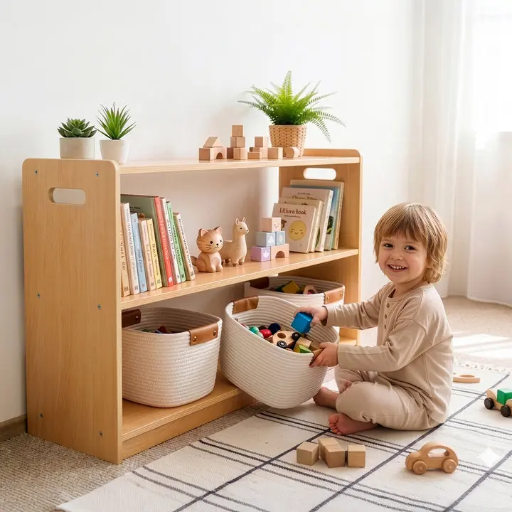 OOOK Kids' 2-Tier Plywood Montessori Bookshelf - Double-Sided Children's Toy Organizer and Storage Rack