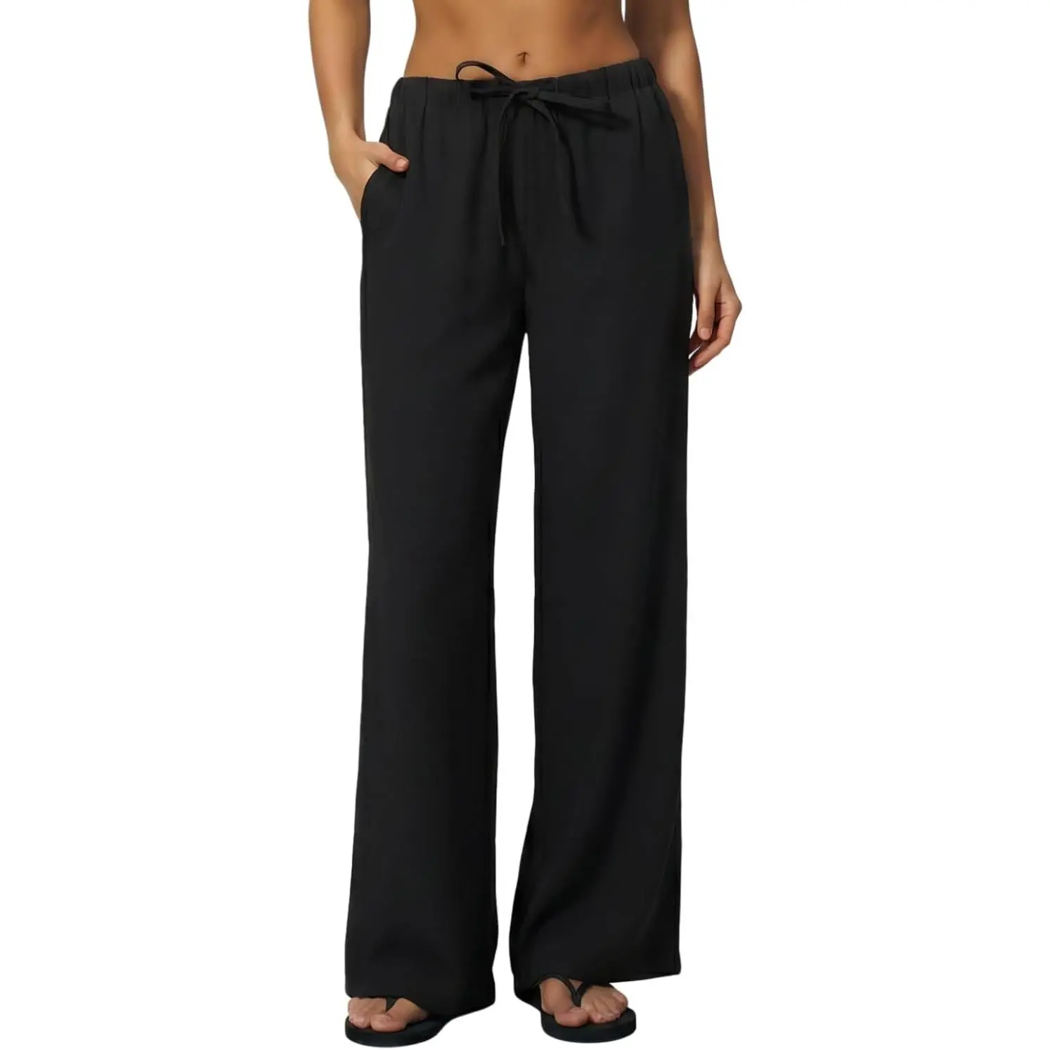 QINSEN Women's Wrinkle-Free Wide Leg Palazzo Pants High Rise Flowy Drape Drawstring Elastic Waist Trousers with Pockets