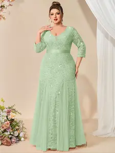 MISSMAY P84159A Plus Size Deep V-Neck Sequin Floral Lace Contrast Mesh Mermaid Hem Evening Party Formal Maxi Dress, Winter Dress, New Year Dress, Wedding Guest Dress, For Birthday, Homecoming, Festivals
