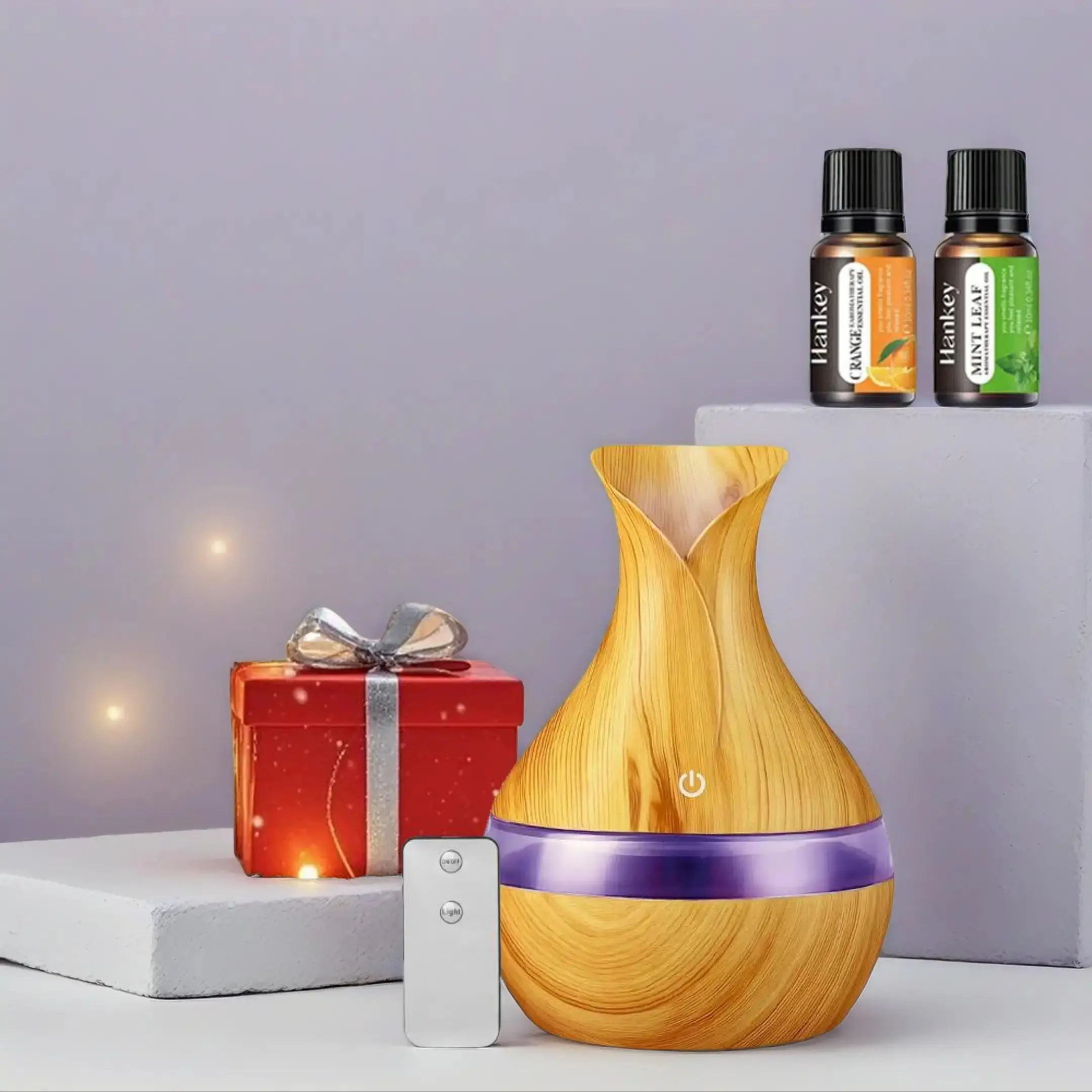Vase-Shape Wood Grain USB-Powered Ultrasonic Essential Oil Humidifier - Aroma Diffuser with Mist Diffusion, Remote Control, Color LED Night Light, Quiet Operation, Auto-Off for Bedroom Home Gift