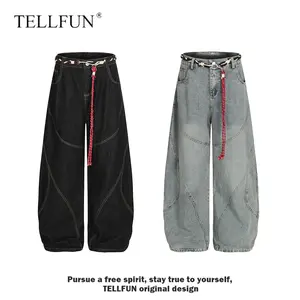 TELLFUN Men's Mid-Rise Baggy Barrel Jeans - Washed Patchwork Streetwear Denim, Trendy Relaxed-Fit Y2K Wide-Leg Pants, Oversized Unisex Style