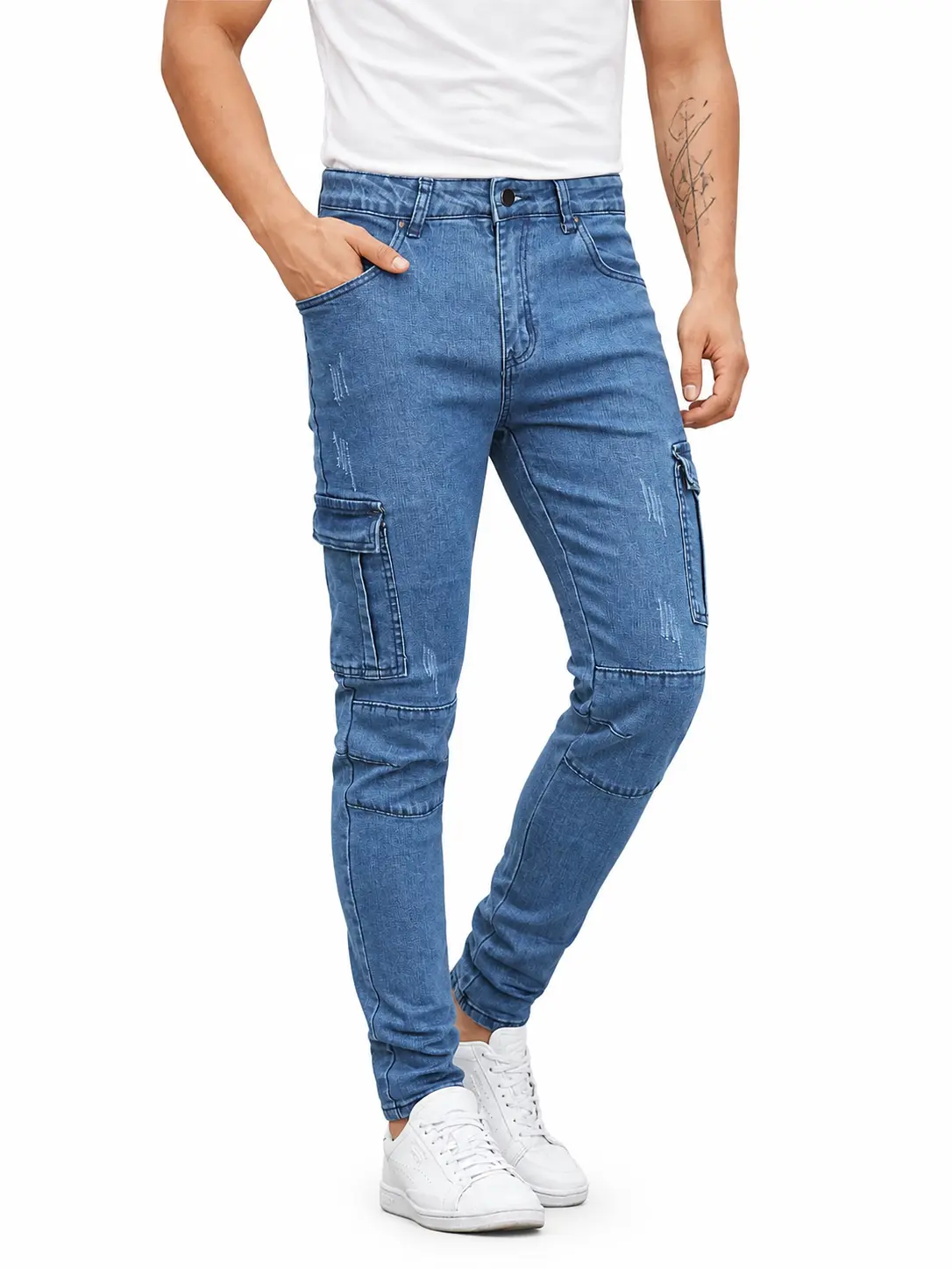 JUNBAOSS Men's Slim-Fit Cotton-Polyester-Elastane Jeans - Distressed Straight-Leg Stretch Denim, Zipper, Comfort Flex Waist, Premium Fabric Pockets, Classic Plain Clothes for Street Style, Hipster Audience